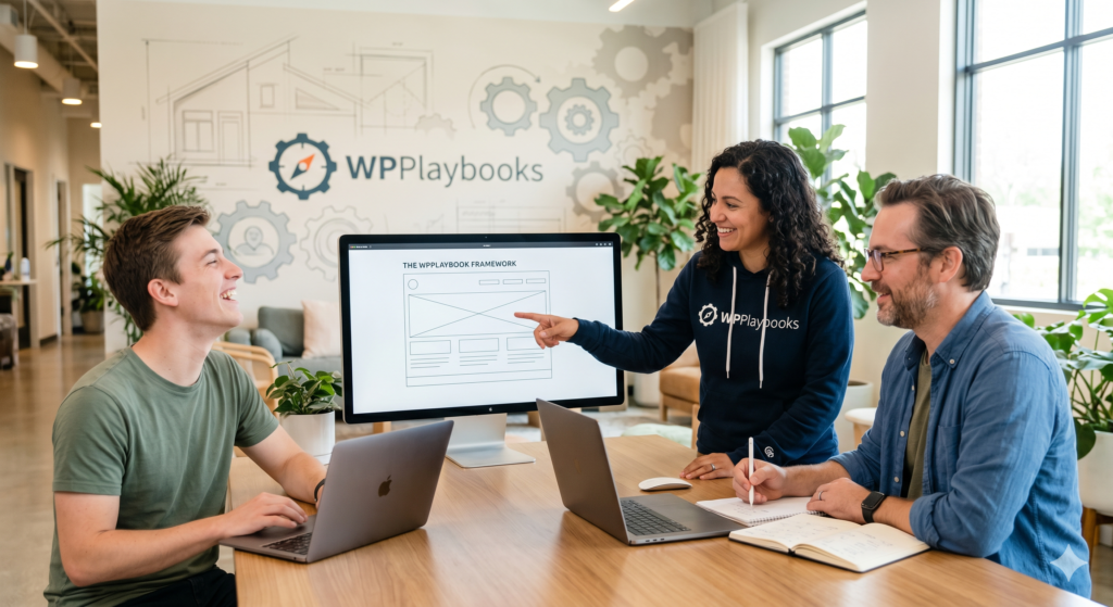 Three smiling colleagues working together in a brightly lit modern office, collaborating on a website project. The woman in the center points to a monitor displaying 'THE WPPLAYBOOK FRAMEWORK'. The wall behind them features large gear graphics and 'WPPlaybooks' branding with a compass icon.