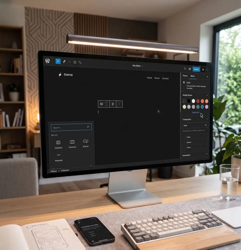 WordPress Site Editor open on a desktop monitor with theme customization and block editing settings visible in dark mode.