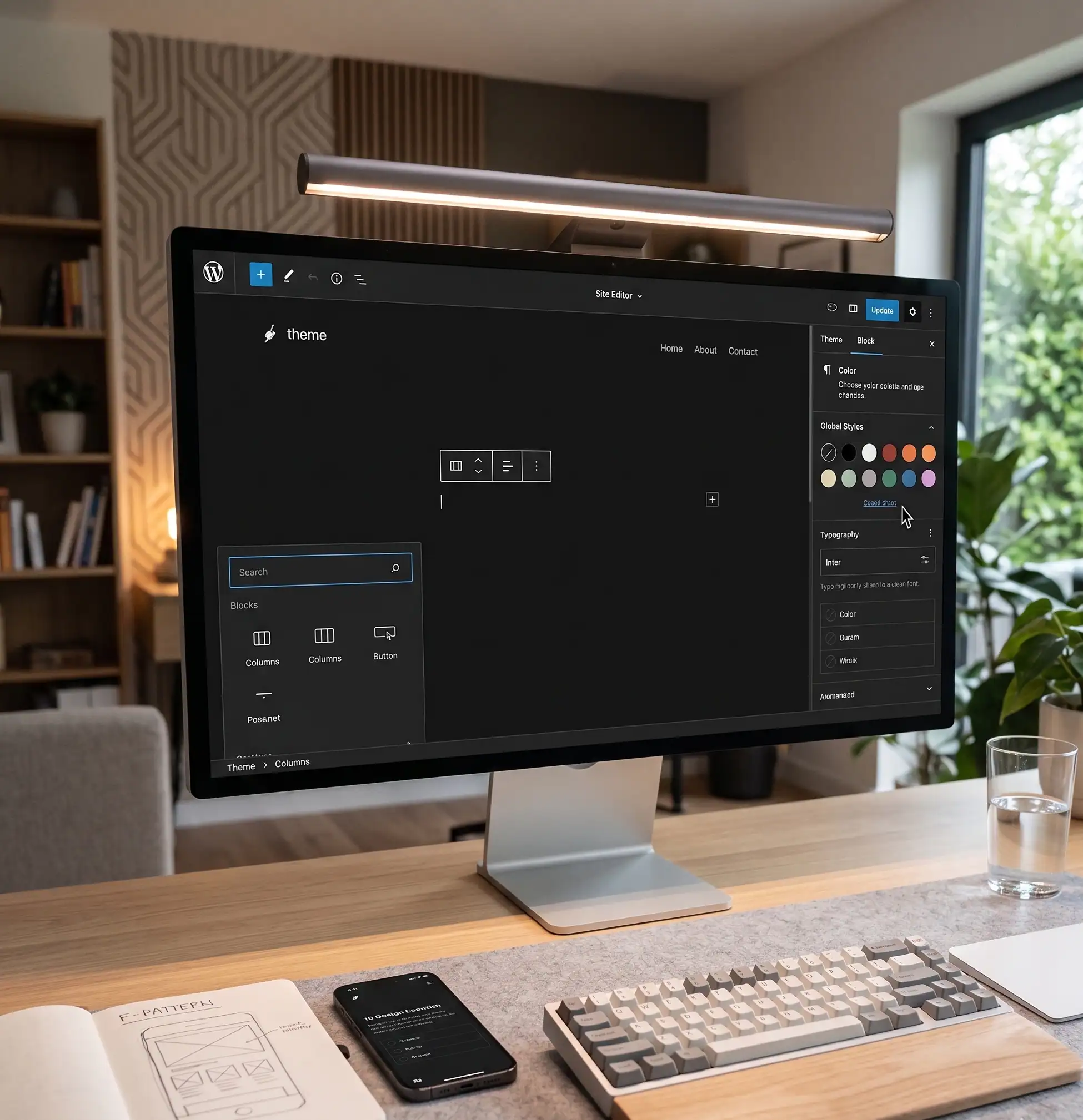 WordPress Site Editor open on a desktop monitor with theme customization and block editing settings visible in dark mode.