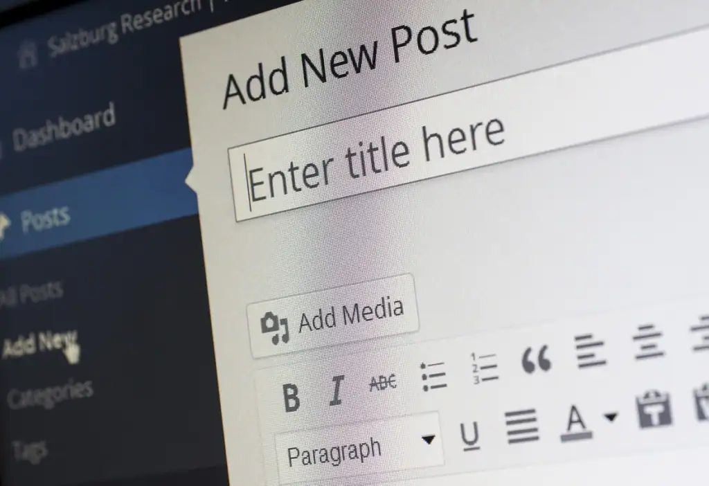 WordPress dashboard displaying the Add New Post editor with title field, media button, and formatting toolbar.