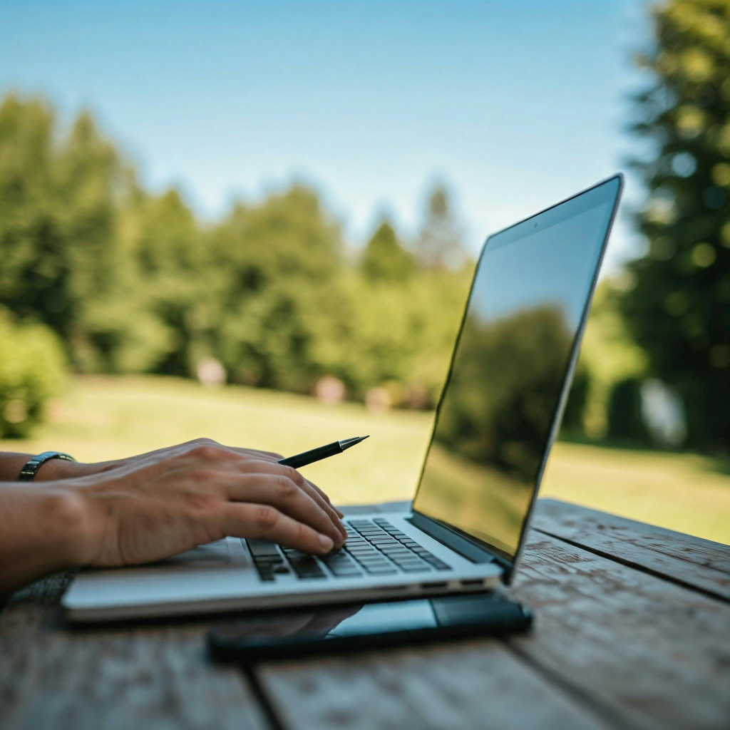 Person typing on a laptop at an outdoor wooden table in a green park setting.